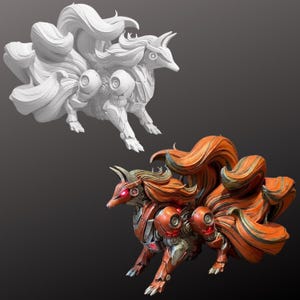 Mecha Ninetales-variant - handgeschilderd standbeeld OF ongeverfd modelpakket - Cyberpunk Fox 3D-geprint figuur - PLA+ Robot Kitsune Decor