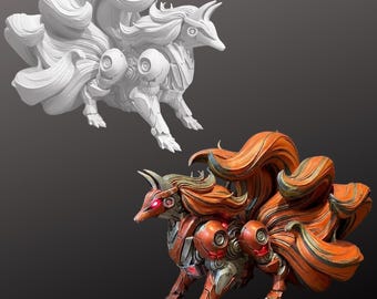 Variante Mecha Ninetales - Statue peinte à la main ou modèle non peint - Figurine imprimée en 3D Renard Cyberpunk - PLA+ Robot Kitsune Decor