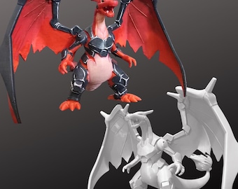 Mecha Charizard - Statue peinte à la main ou kit de modèle non peint - Figurine imprimée en 3D Pokemon Dragon mécanique - PLA+