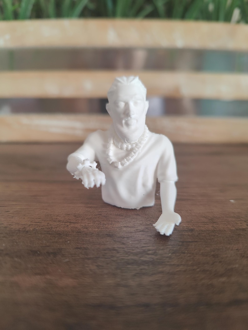 May include: A white 3D printed bust of a person with braided hair, wearing a short-sleeved shirt, a beaded necklace, and a wrist accessory. The figure is depicted from the chest up with one arm extended forward and the other arm reaching out.