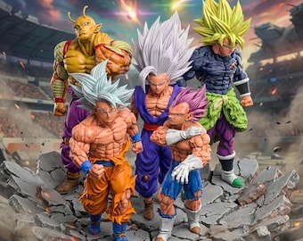 Statuette Dragon Ball Super Heroes Ultimate Team - Bête Gohan, Piccolo orange, Ultra Ego Vegeta, UI Goku & Broly - Diorama peint à la main