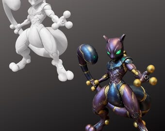 Mewtwo en armure - Statue peinte à la main ou kit de modèle non peint - Figurine Pokémon Anime - Figurine imprimée en 3D - PLA+