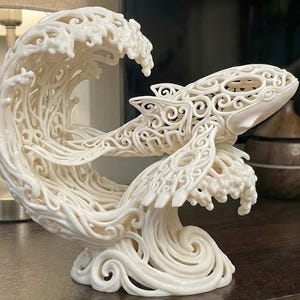 Majestueuze filigraanwalvis | Ontwerp oceaangolfwerveling | Model zeedierenstandbeeld | 3D-geprint PLA+ slagvast | Stranddecoratie