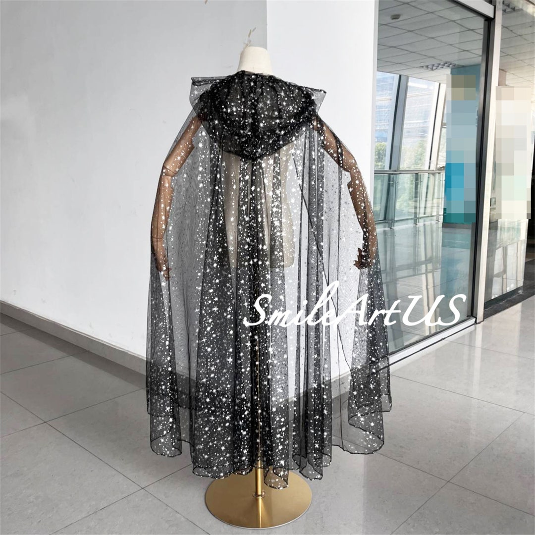 Black Tulle Hooded Cape With Silver Glitter Starrygothic Etsy