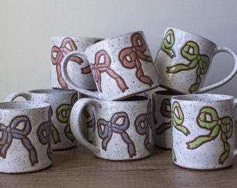 Handmade Ceramic Bow Mug, Wheel Thrown Pottery, 14oz