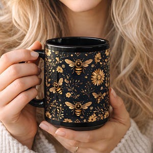 Golden Bee Black Mug: Whimsical Insect Art Coffee Cup (15oz)