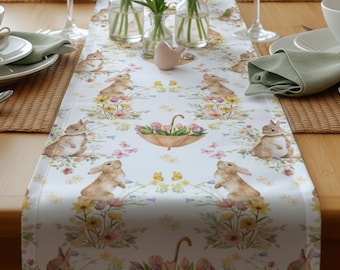 Easter Table Runner Bunny Floral, Spring Cottage Table Decor, 16x72 or 16x90