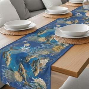 Ocean Theme Table Runner Cotton Washable Nautical Dining Decor Fish Print Coastal Blue Coral Reef Tabletop