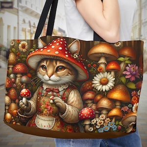 Bolsa de Viaje para Mujeres Motivo Hongos, Regalos para Amantes de Gatos, regalo Botanico Bolsa de Mano Grande de Fin de Semana