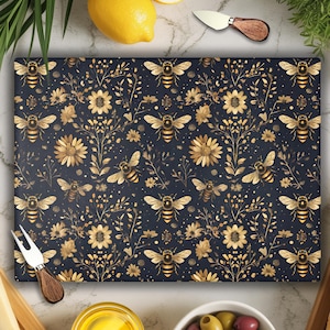 Black Charcuterie Board with Golden Bee Design Glass Cutting Board, Honeybee Floral Pattern on Tempered Glass, Dark Botanical Kitchen Decor