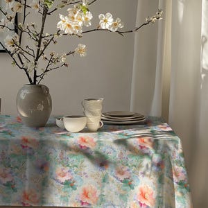 Floral Art Nouveau Cotton Tablecloth: Pastel Purple & Pink