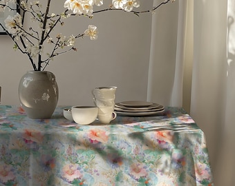 Floral Art Nouveau Cotton Tablecloth: Pastel Purple & Pink