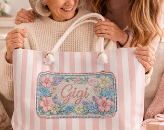 Gigi Tote Bag Floral Gift, Grandma Beach Bag, Cute Nana Carryall