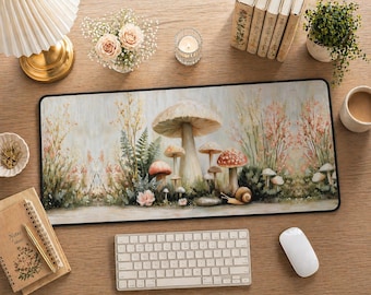 Aesthetic Desk Mat Neutral Mushroom Botanical, Cozy Desk Setup, Cottagecore Desk Pad, Cute Office Decor, Feminine Workspace Mat