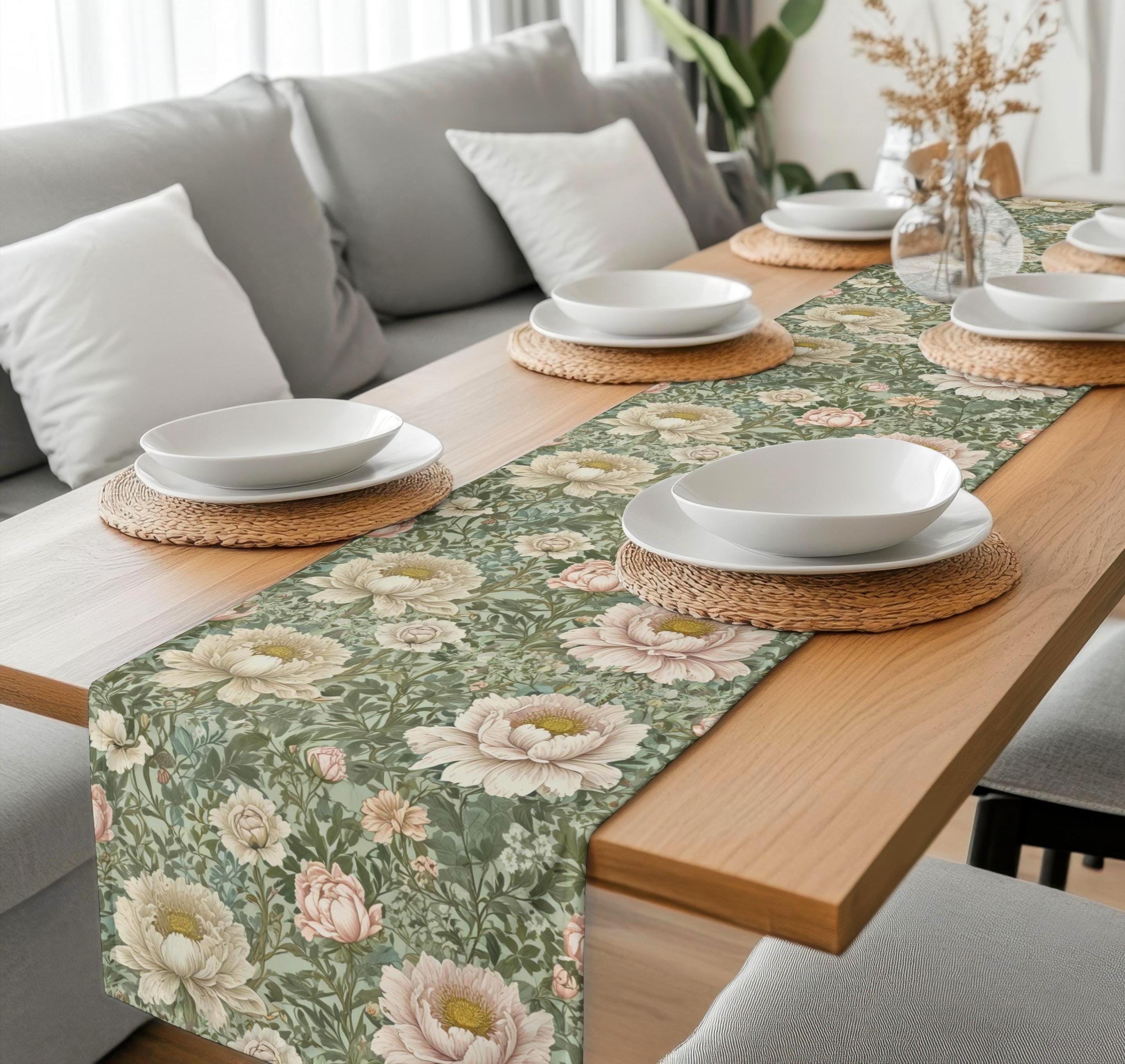 Vintage Peony Floral Table Runner: Green French Country Linen