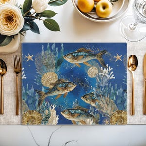 Placemat Fish with Gold Accents, Coral Reef Place mat Washable, Beach House Dining Decor Nautical Table Mat Underwater Design