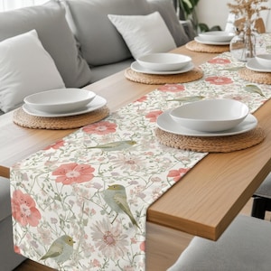 Floral Birds Table Runner & Placemat Set: Spring Cotton Dining Linens