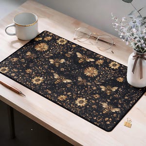 Golden Bee Desk Mat, Floral Aesthetic Mouse Pad, Vintage Cottagecore Office Decor