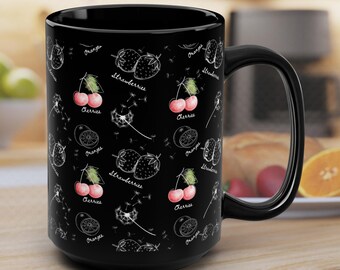 Retro Black Coffee Mug: Vintage Cherry Fruit Design, 15oz Ceramic