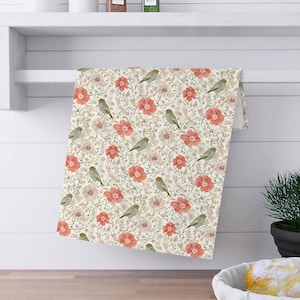 Floral Bird Cotton Kitchen Towel: Cottagecore Rustic Decor