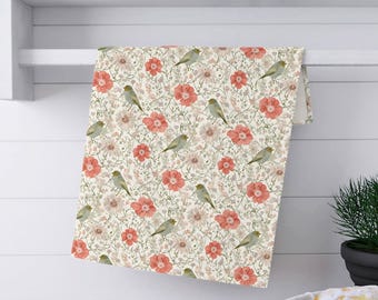 Floral Bird Cotton Kitchen Towel: Cottagecore Rustic Decor