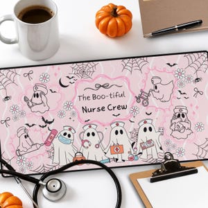 Spooky Nurse Desk Mat: Pink Ghost Halloween Office Decor