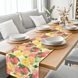 Cotton Citrus Table Runner – Lemon & Grapefruit Table Scarf – Summer Fruit Print Table Linen – Summer Kitchen Decor