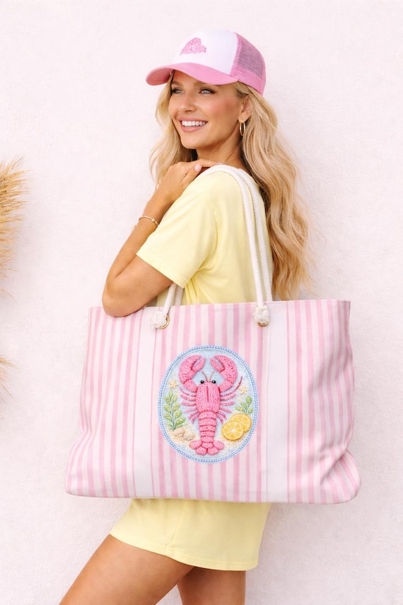 Preppy Lobster Beach Bag, Pink Striped Coastal Tote, Nautical Weekender Bag, Faux Beaded Design