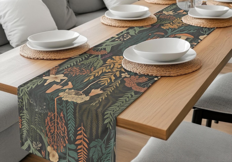 Cottagecore Table Runner: Autumn Botanical, Mushrooms & Ferns - Etsy