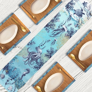 Underwater Table Runner for Beach House Ocean Dining Decor Octopus and Sea Life Design Nautical Table Decor  Coastal Theme