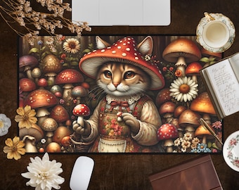 Mushroom Cat Desk Mat: Whimsical Cottagecore Office Decor