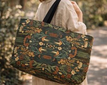 Moody Botanical Tote Bag, Cottagecore Weekender Bag, Dark Green Nature Carryall