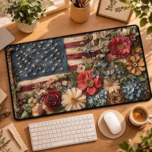 Americana Floral Desk Mat, Vintage Flag Mouse Pad, Cottage Desk Decor, Aesthetic Workspace, Soft Patriotic Office Mat