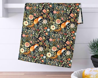 Cottagecore Fox Kitchen Towel: Floral Cotton Hand Towel