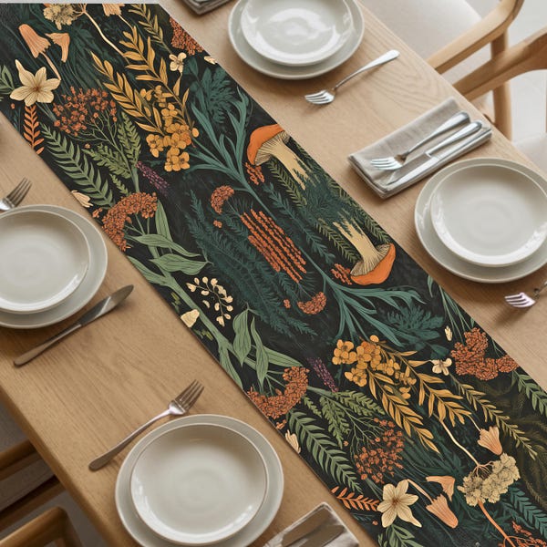Cottagecore Table Runner: Autumn Botanical, Mushrooms & Ferns