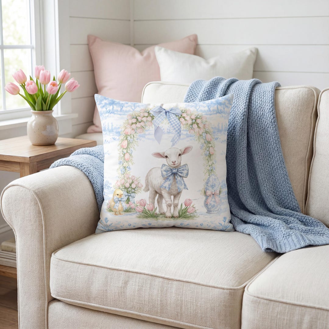 Spring Toile Blue Blue Toile Easter Pillow, Lamb & Tulip Spring Throw Pillow, Cottagecore ...