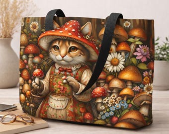 Cottagecore Mushroom Cat Tote Bag, Woodland Travel Carryall
