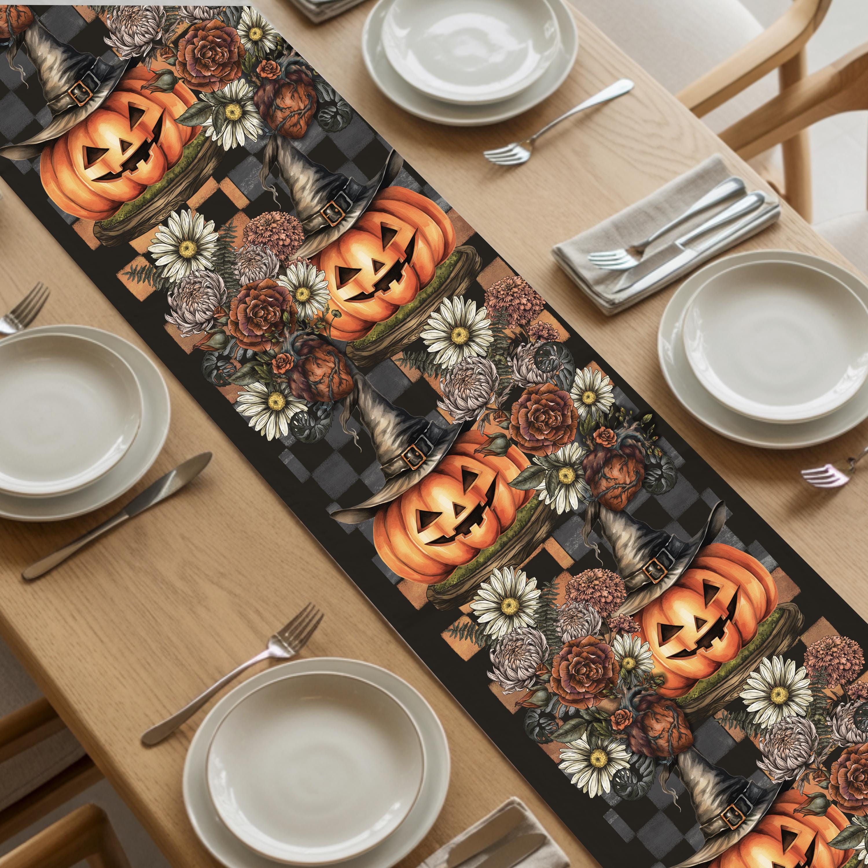 Gothic Halloween Table Runner: Checkered Witch Hat & Pumpkin Decor - Etsy