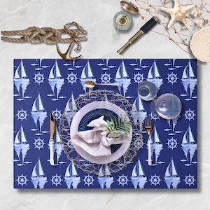 Nautical Placemats with Matching Table Runner Blue & White Ocean Theme Table Decor, Washable Fabric Table Mat Coastal Place mat