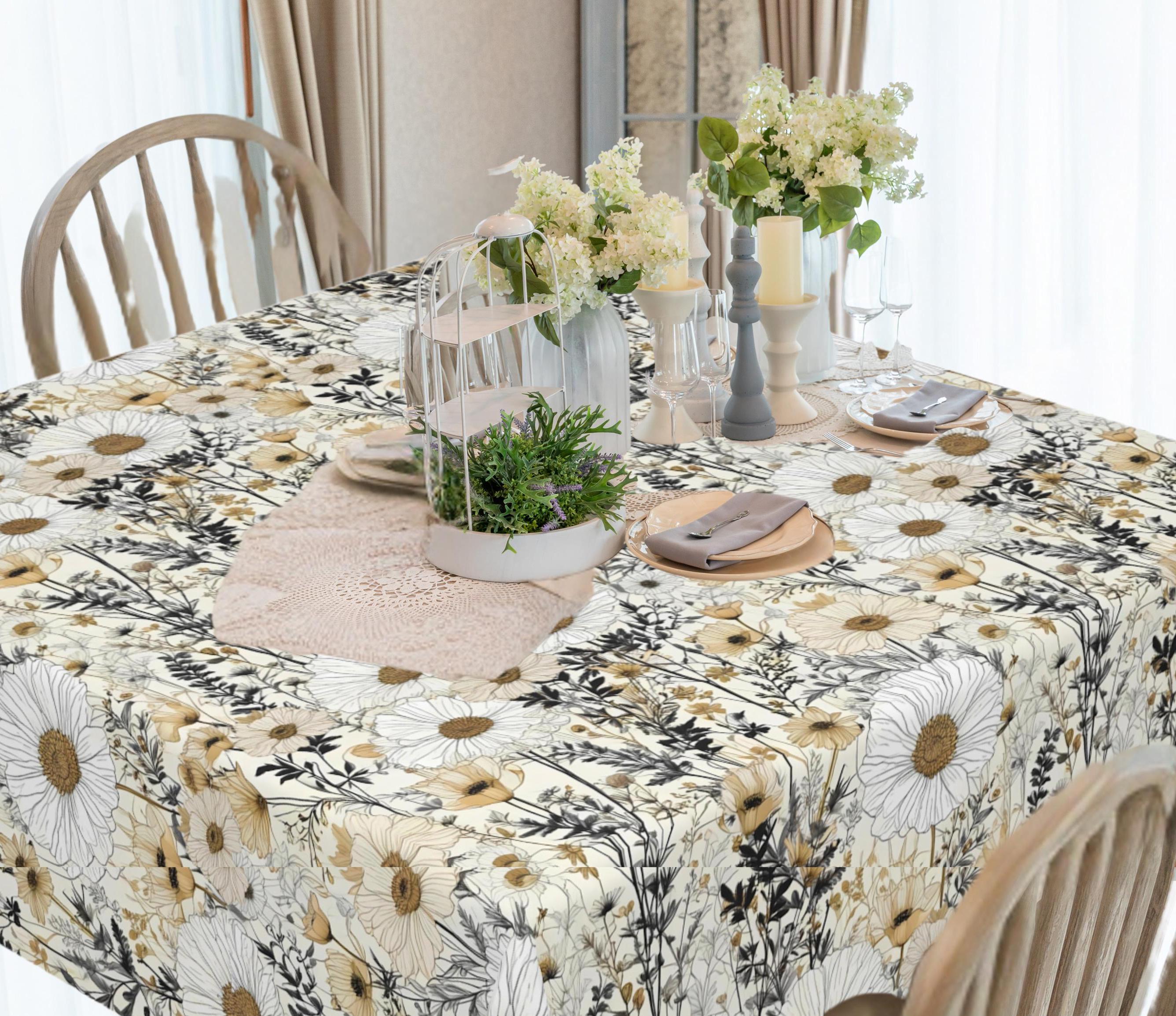 Beige Floral Cotton Tablecloth: Neutral Wildflower Meadow Design