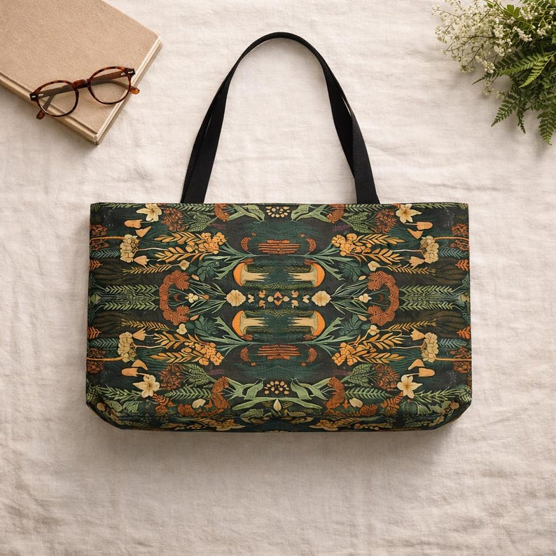 May include: A tote bag with a dark green background and a symmetrical floral pattern in shades of orange, yellow, and green. The bag has black handles and is made of a sturdy fabric. The bag is designed for carrying items.
