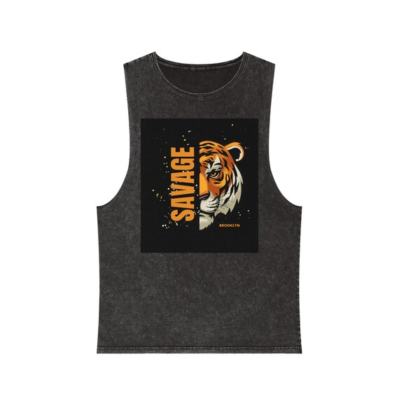 Unisex Savage Tiger Stonewash Tank Top, Summer Sleeveless Tee, Animal Lover Gift, Casual Streetwear, Festival Apparel, Wild Vibe Shirt