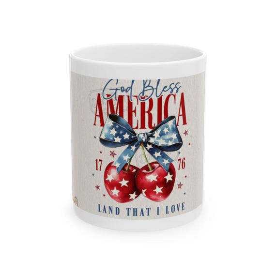 Ceramic Mug with Patriotic Design - God Bless America 1776, Gifts for Veterans, Independence Day Decor, Americana Coffee Cup