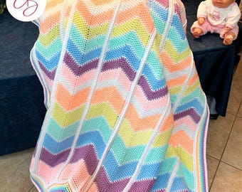 Spring Rainbow Chevron Crochet Blanket - Handmade Crochet Afghan