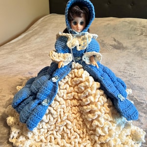Vintage Doll in Blue and Off-White One-of-a-Kind Handmade Crochet Dress (Doll included)