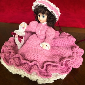 Vintage Doll in Pink and White One-of-a-Kind Handmade Crochet Dress (Doll included)