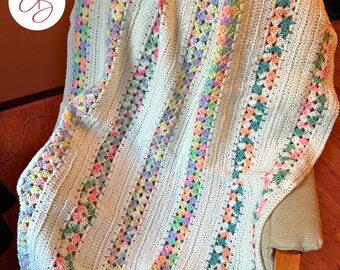 Floral Color Striped Crochet Blanket - Handmade Crochet Afghan