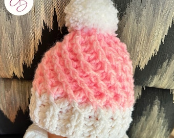 Pink and White Crocheted Baby Hat - Soft Handmade Winter Hat