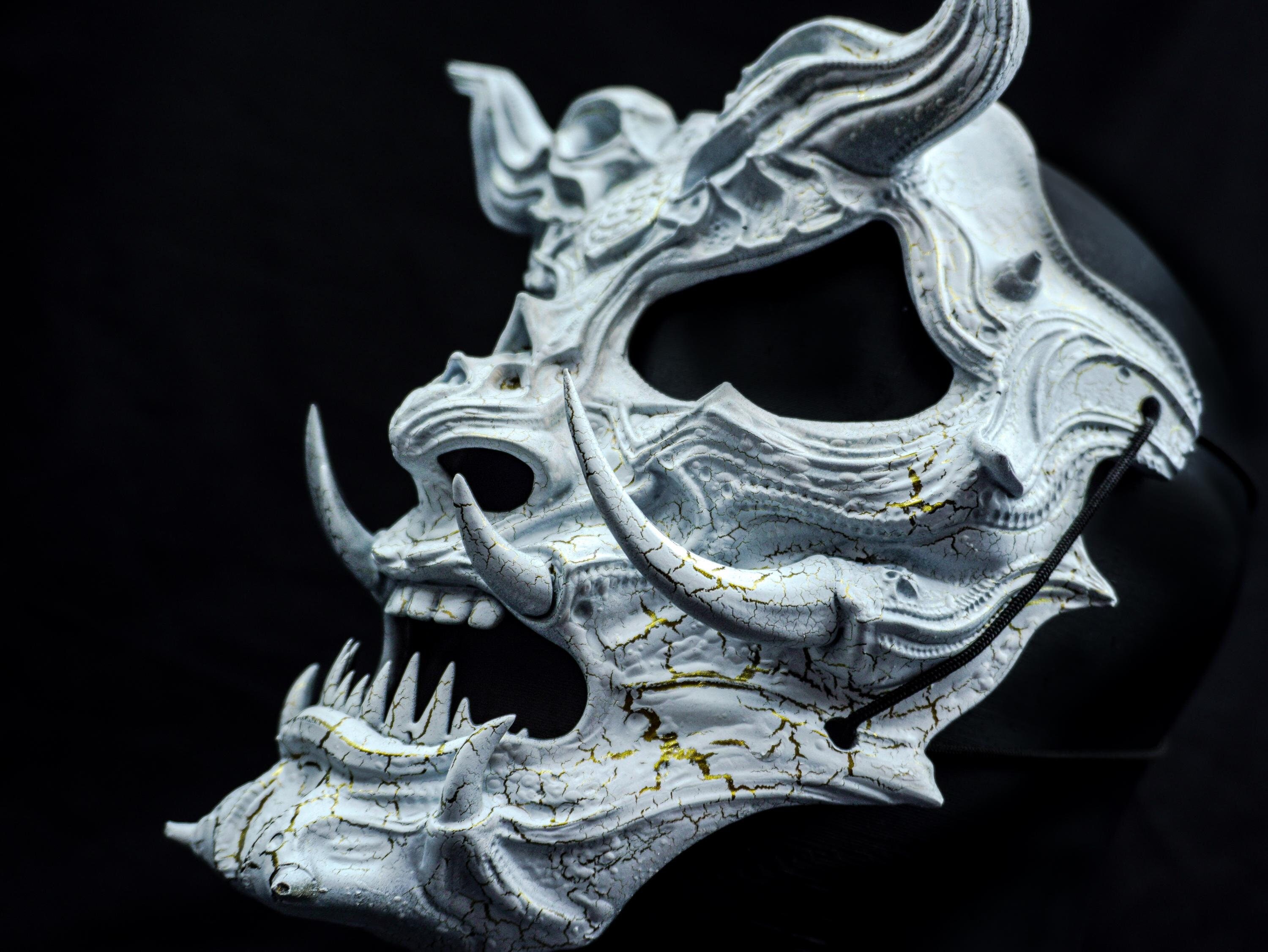 Gold Oni Mask, White Hannya Mask, Japanese Art, Cosplay Mask, Hand Painted Mask, Demon Mask