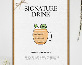 Signature Drinks Wedding Sign Template, Bride Grooms His Hers, Beer Wine Liquor, Moscow Mule Couples Cocktails, Personalized Canva